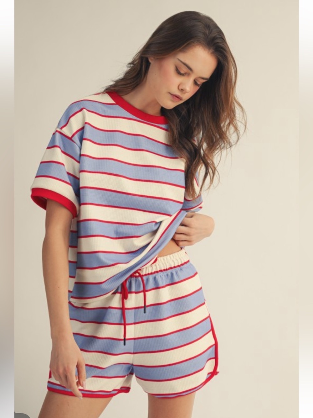 846. Waffle knit nautical striped short sleeve shorts set in red blue